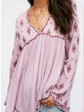 Free People Diamond Embroidered Tunic Bell Sleeve Purple Dress XS